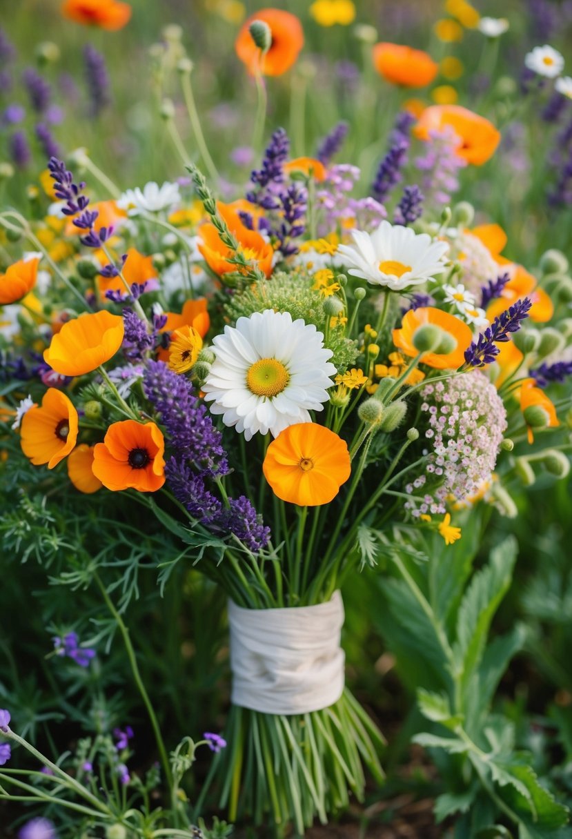 A vibrant meadow filled with a variety of wildflowers, including daisies, poppies, and lavender, all interwoven to create a beautiful wedding bouquet