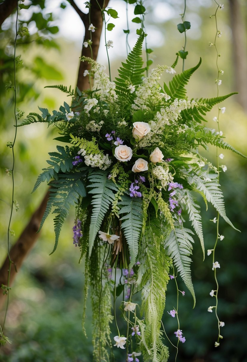 A cascading bouquet of ferns, interspersed with delicate wildflowers and trailing vines, creating an unusual and enchanting wedding arrangement