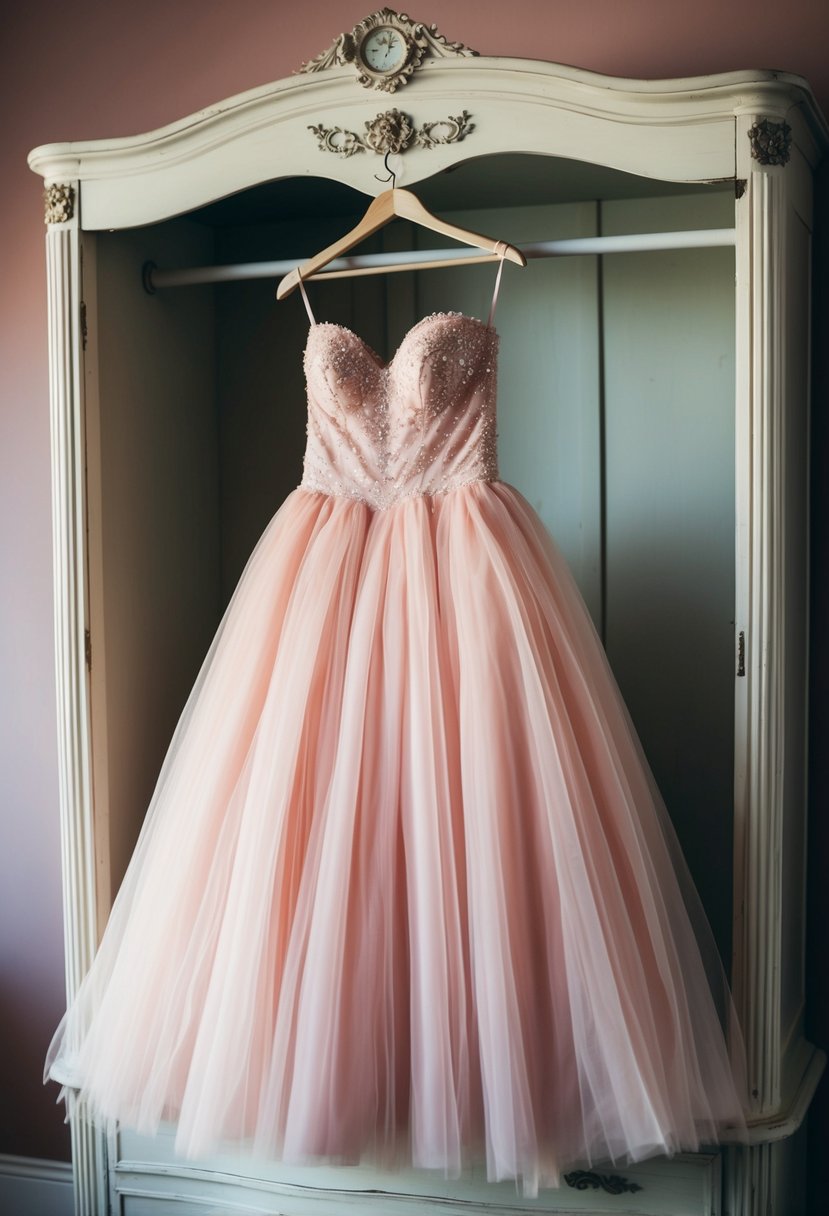 A blush tulle ball gown hanging from a vintage armoire