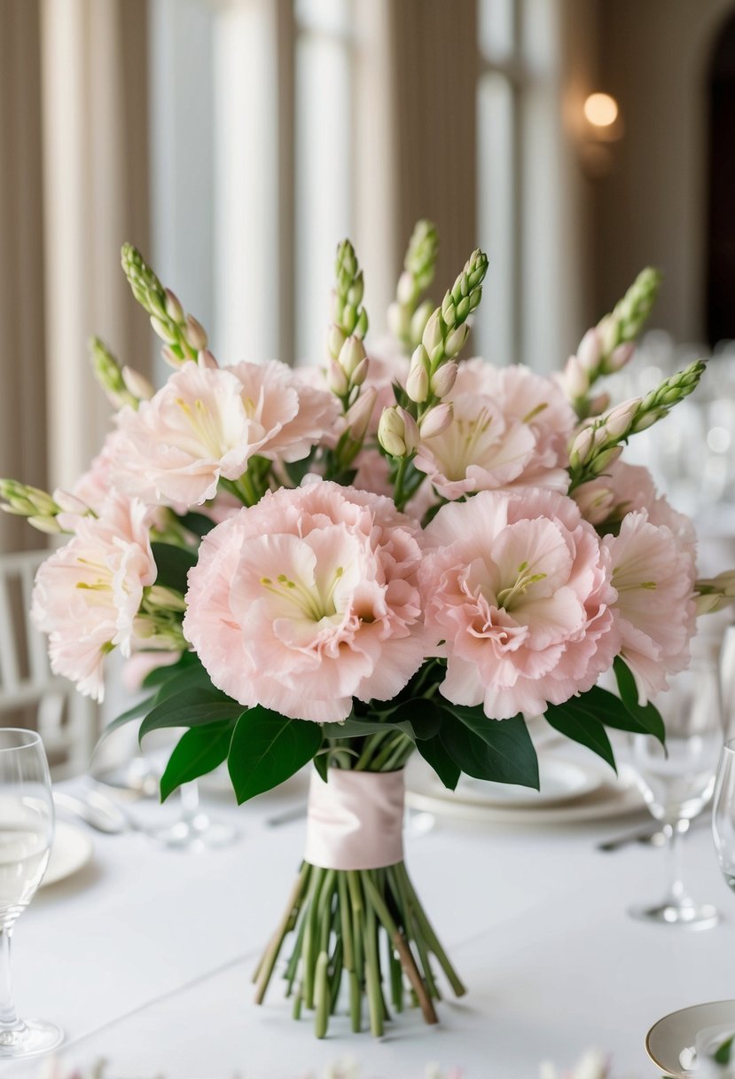 A delicate bouquet of soft pink lisianthus arranged in a romantic wedding setting