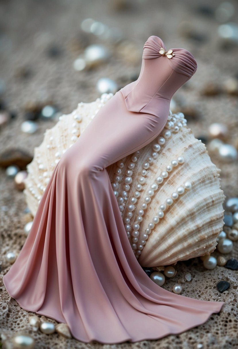 A flowing dusty pink mermaid dress draped over a pearl-encrusted seashell