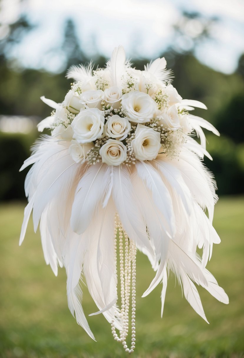 A bouquet of white feathers and delicate pearls arranged in a cascading design