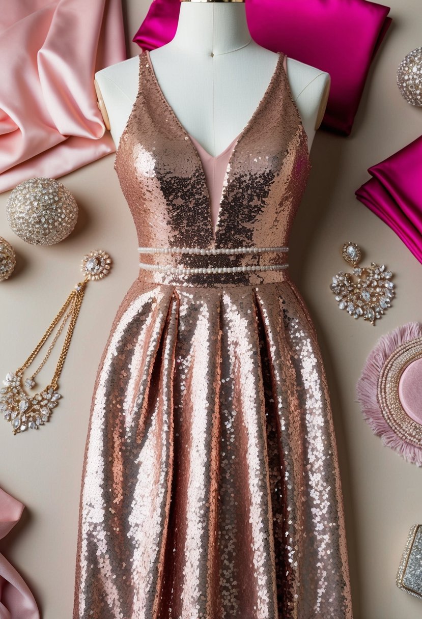 A shimmering rose gold sequin evening dress hangs on a mannequin, surrounded by soft pink fabric swatches and sparkling accessories