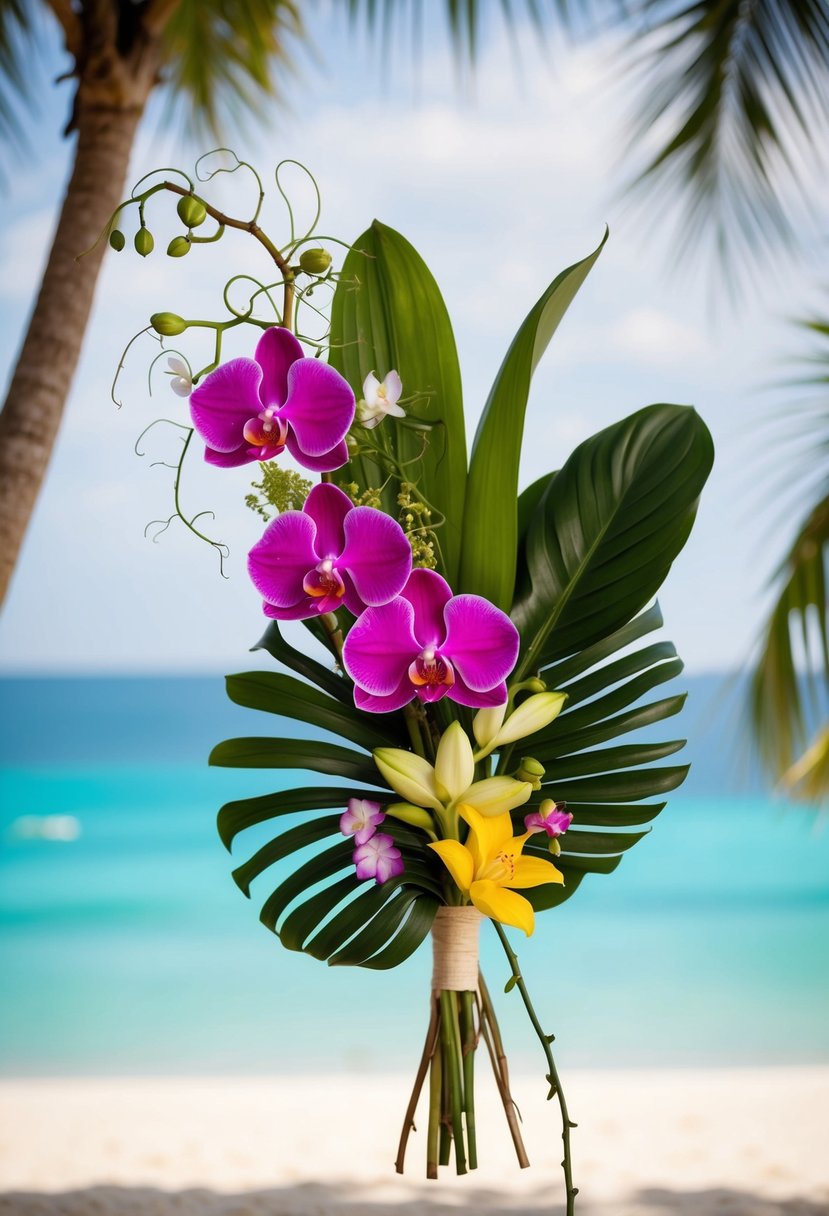 A vibrant orchid and palm leaf bouquet, intertwined with delicate vines and tropical blooms, set against a backdrop of sandy beaches and azure waters