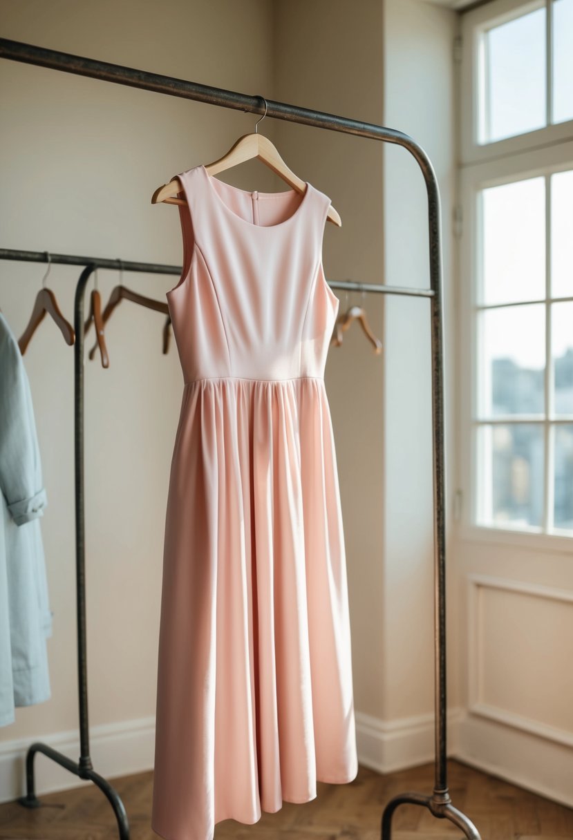 A soft pastel pink A-line dress hanging on a vintage coat rack in a sunlit room