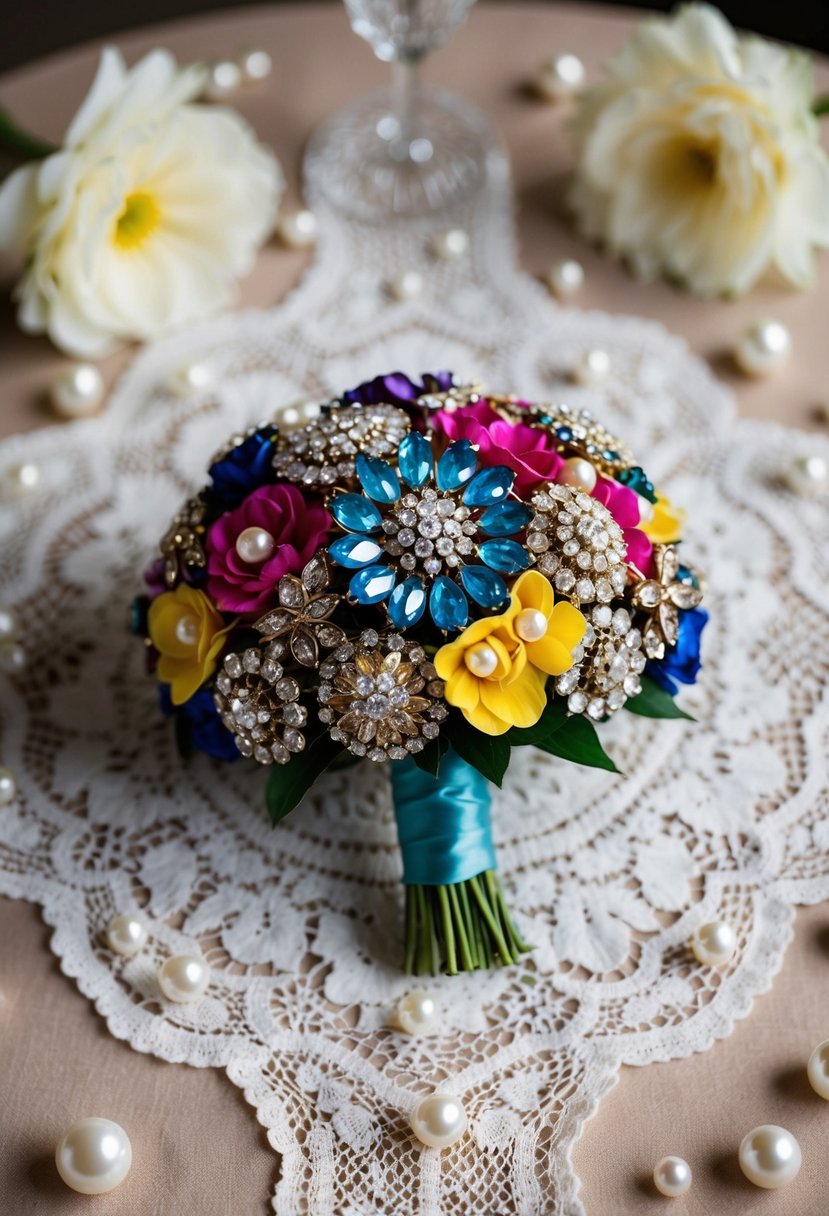 A colorful brooch bouquet sits atop a vintage lace tablecloth, surrounded by scattered pearls and delicate floral accents