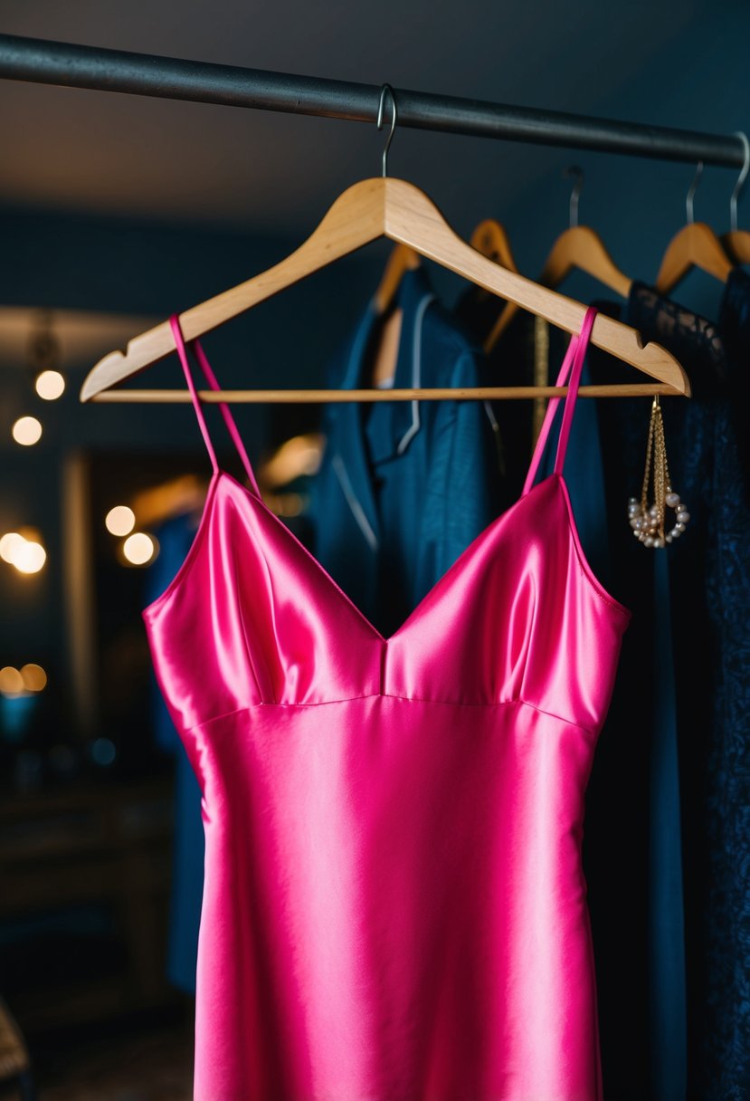 A hot pink satin slip dress hanging on a vintage coat rack in a dimly lit room