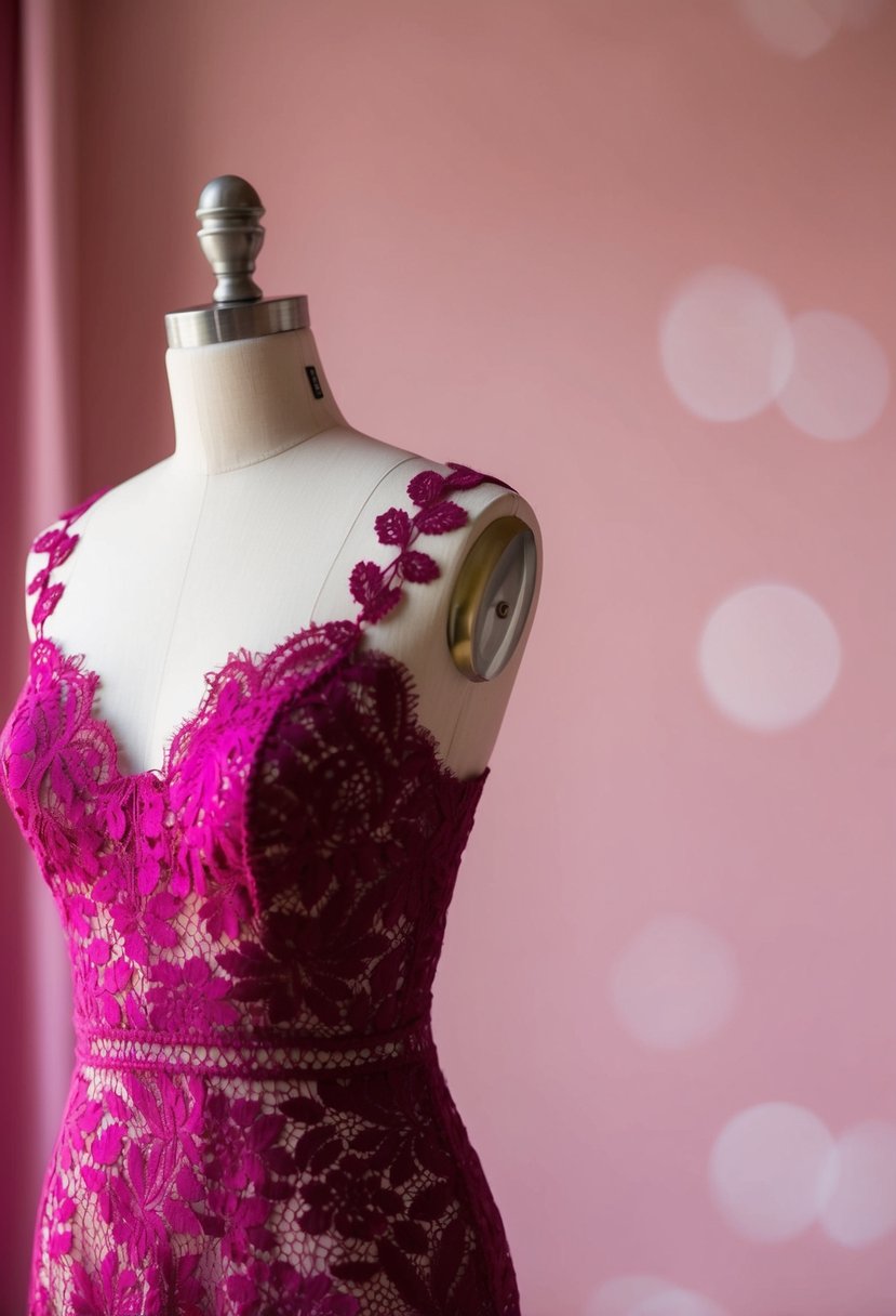 A fuchsia floral lace dress displayed on a mannequin against a soft pink backdrop