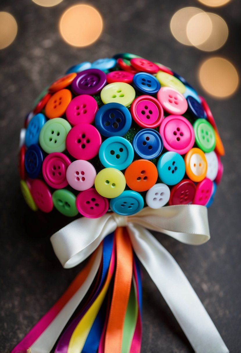 A collection of vibrant, assorted buttons arranged in a cascading bouquet, tied together with a satin ribbon