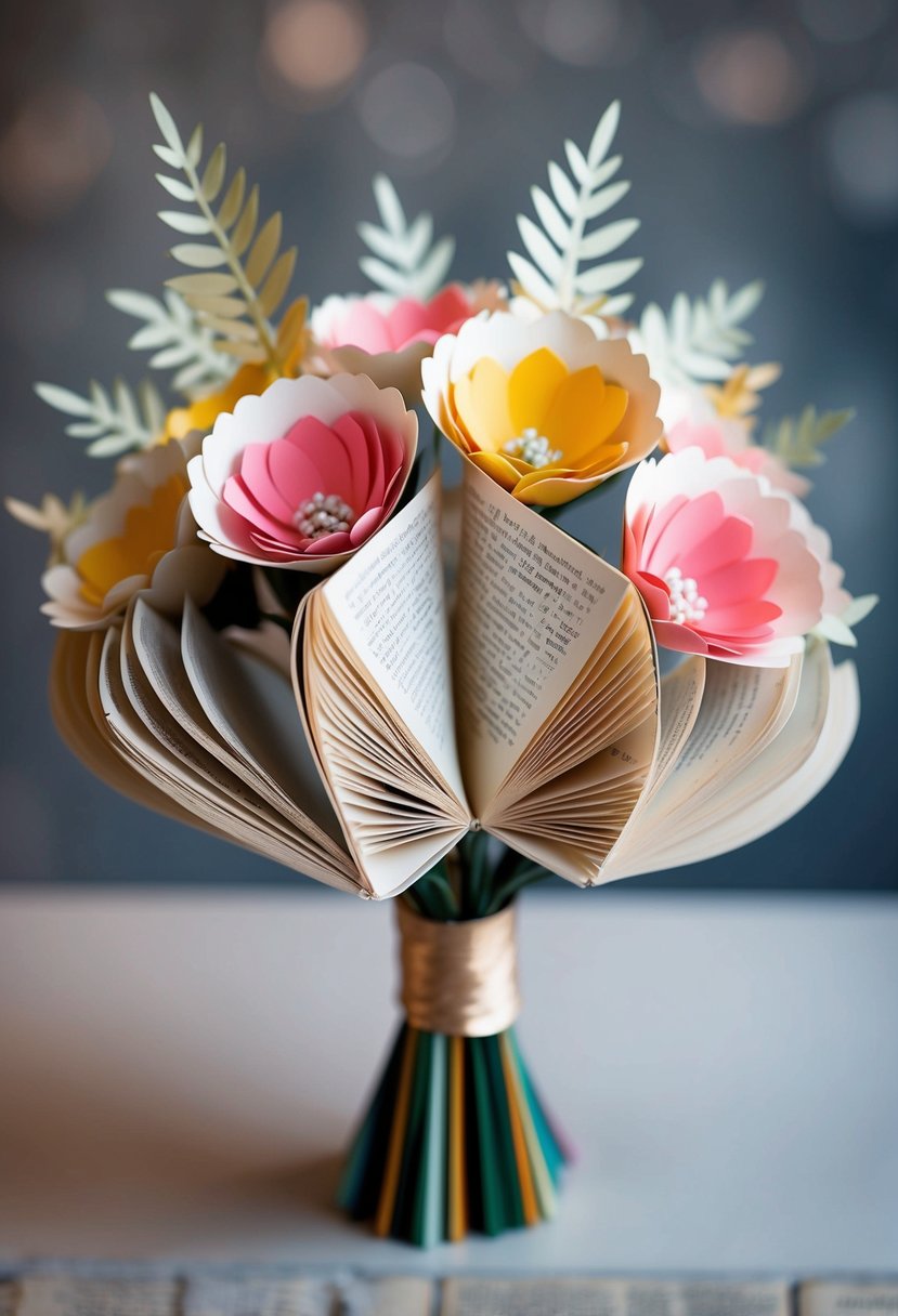 A bouquet of flowers made from the pages of a book, with colorful petals and delicate paper leaves, arranged in a unique and artistic wedding display