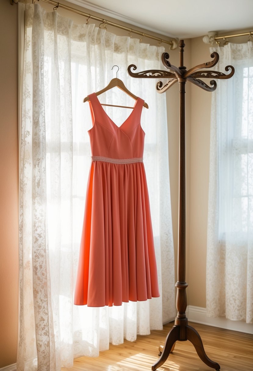 A chic coral pink tea length dress hanging on a vintage coat rack in a sunlit room with lace curtains