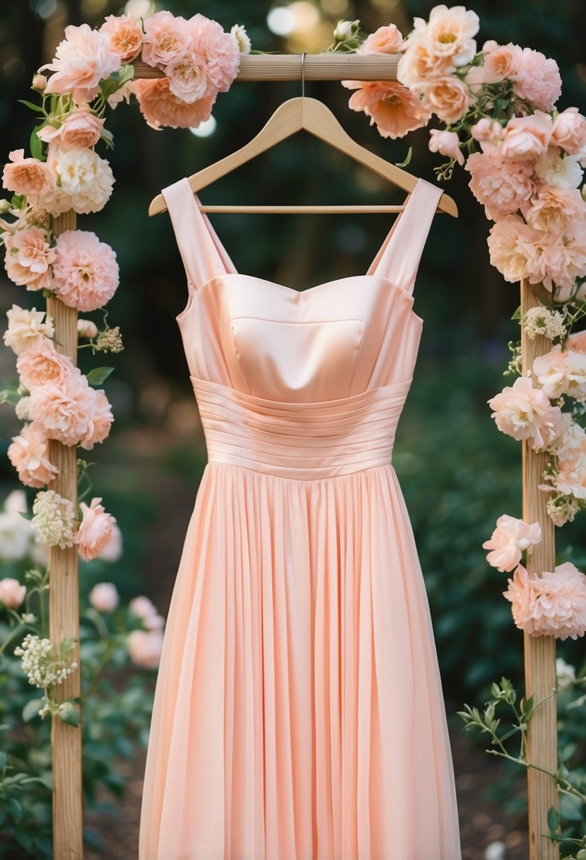 A peach pink empire waist dress hanging on a vintage wooden hanger, surrounded by delicate pink flowers and soft natural lighting