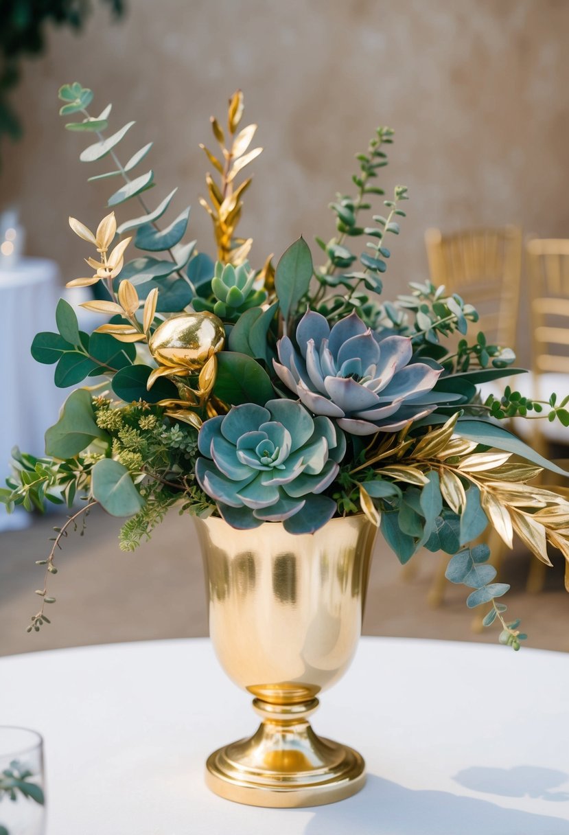 A gilded vase holds a mix of succulents, eucalyptus, and gold-painted foliage, creating an unusual and elegant wedding bouquet