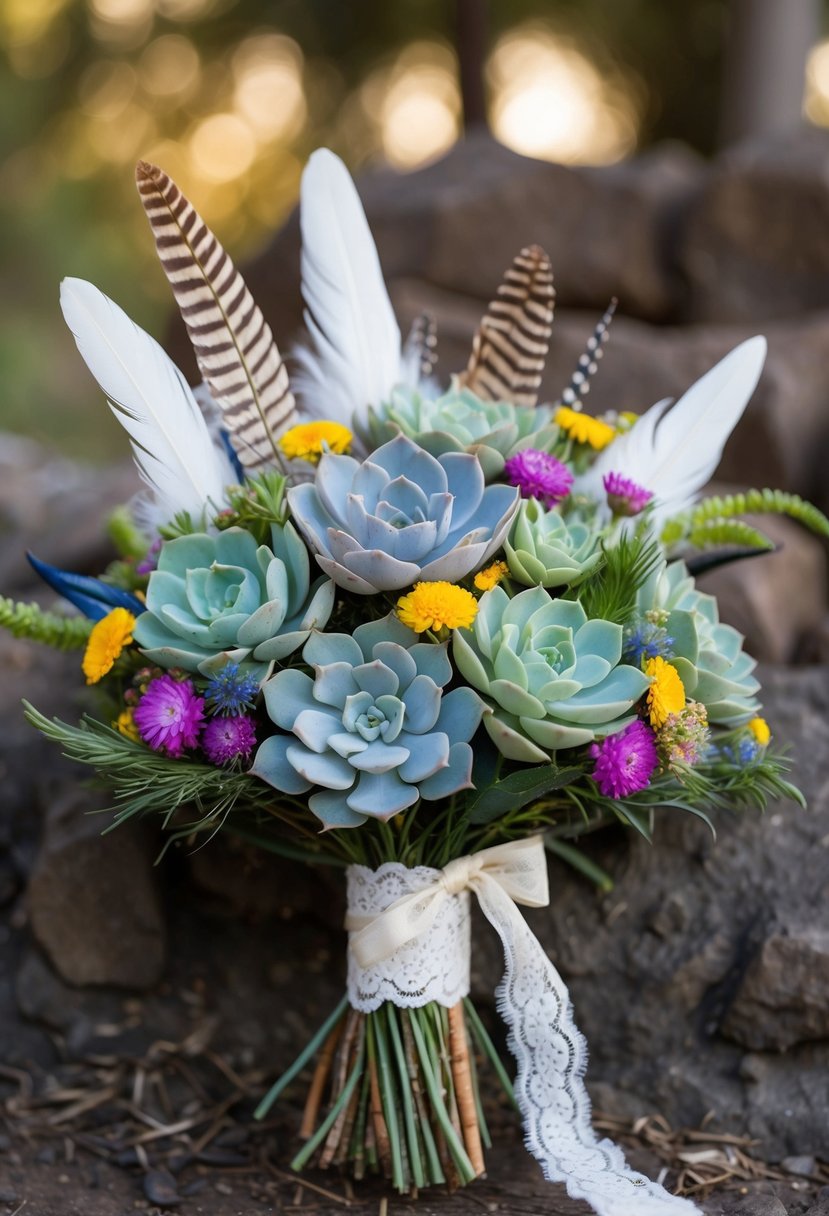 A bouquet of succulents, feathers, and wildflowers tied with lace and ribbon