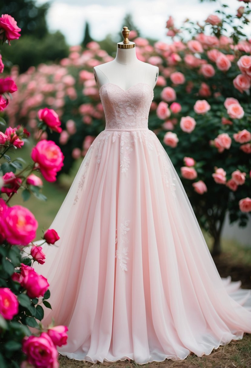 A flowing baby pink strapless gown with delicate lace details, surrounded by blooming pink roses