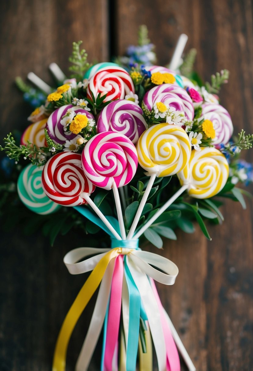 A colorful arrangement of lollipops, tied together with ribbons and adorned with small flowers and greenery, creating a unique and whimsical wedding bouquet idea