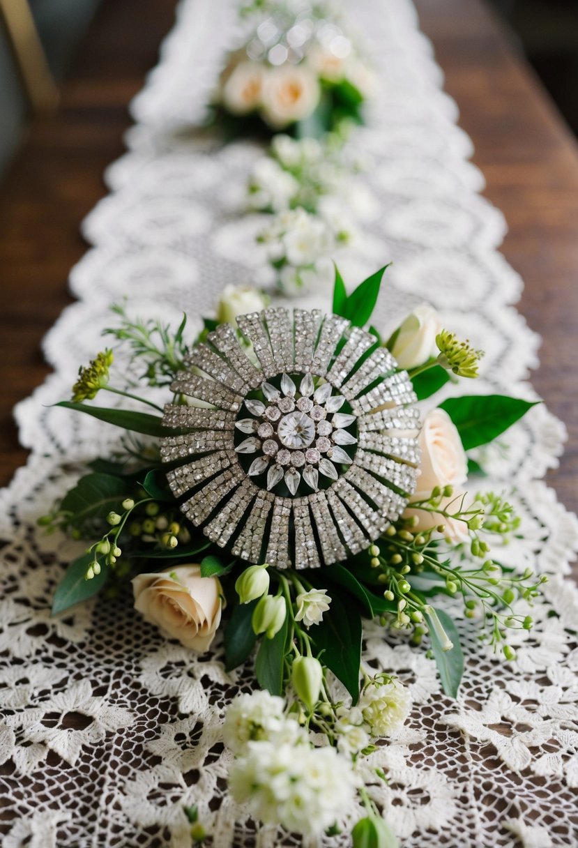 A sparkling brooch bouquet sits atop a vintage lace table runner, surrounded by delicate flowers and greenery