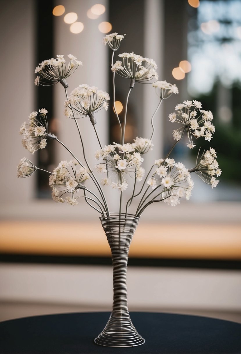 A wire sculpture of blooming flowers arranged in a unique and artistic wedding bouquet