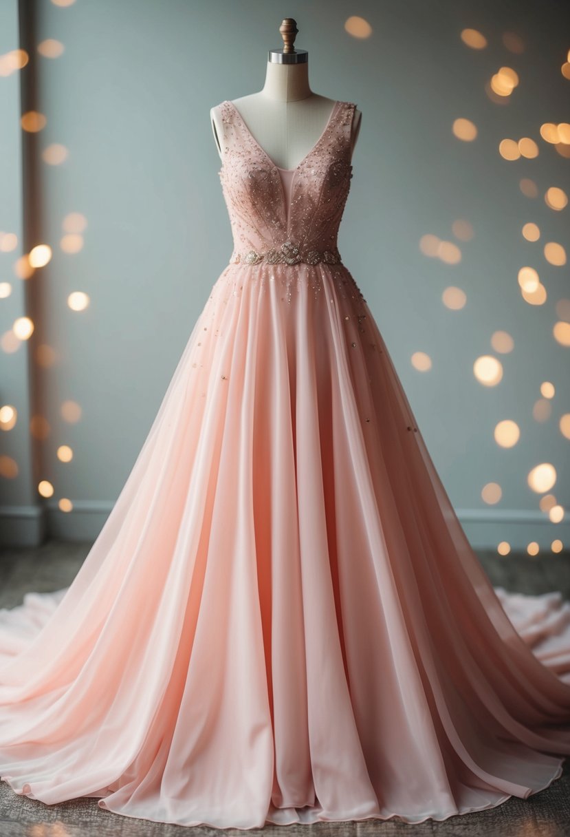 A flowing pink wedding dress fades from light to dark, accented with delicate coral details and shimmering sequins