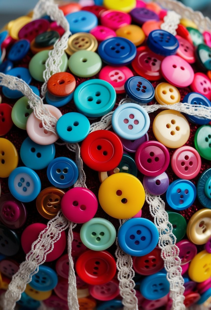 A colorful assortment of buttons arranged in a bouquet-like fashion, varying in size and shape, with decorative ribbons and lace intertwined throughout