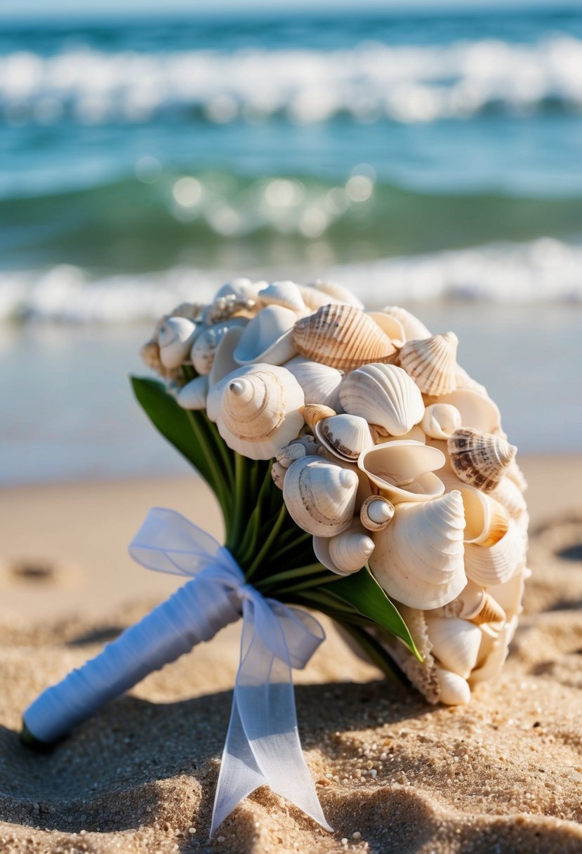 A wedding bouquet made of seashells, tied with a delicate ribbon, rests on a sandy beach with gentle waves in the background