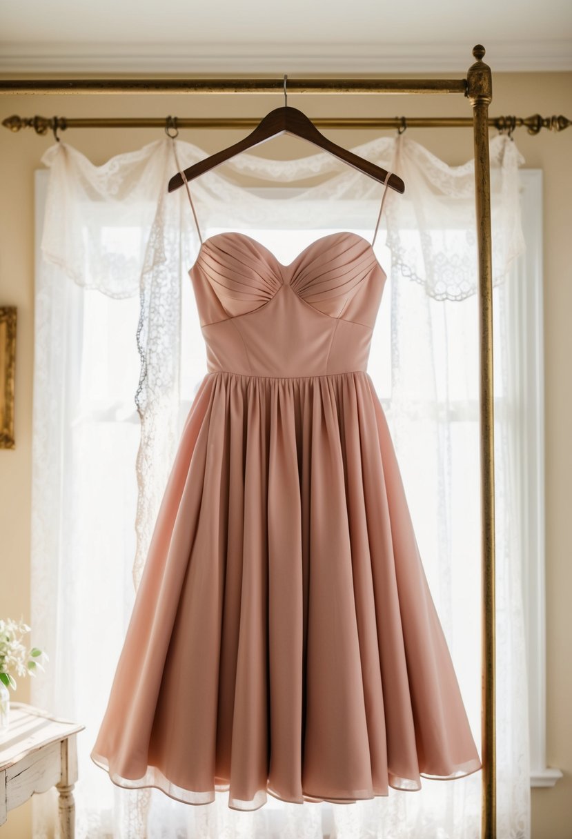 A blush pink sweetheart neckline dress hangs on a vintage coat rack in a sunlit room with lace curtains