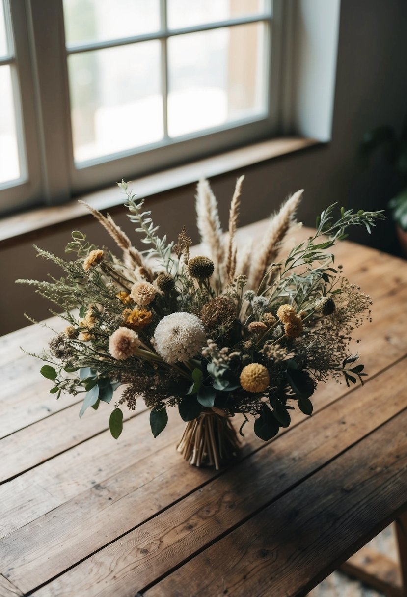 A rustic wooden table holds an assortment of dried flowers and greenery, arranged in an organic and asymmetrical bouquet. Sunlight filters through a nearby window, casting a soft glow on the delicate blooms