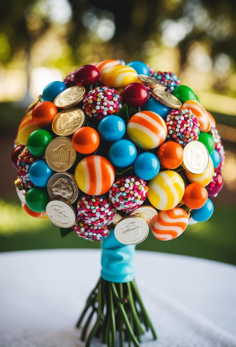 A colorful mix of candy and shiny coins arranged in a wedding bouquet