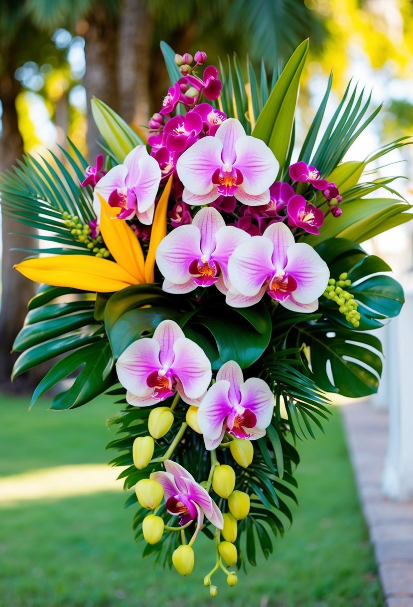 A vibrant bouquet of tropical blooms, featuring colorful orchids and lush greenery, arranged in a cascading style