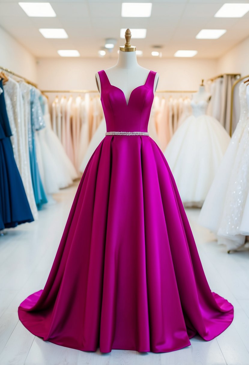 A magenta modern princess dress displayed on a mannequin in a bright, airy bridal boutique