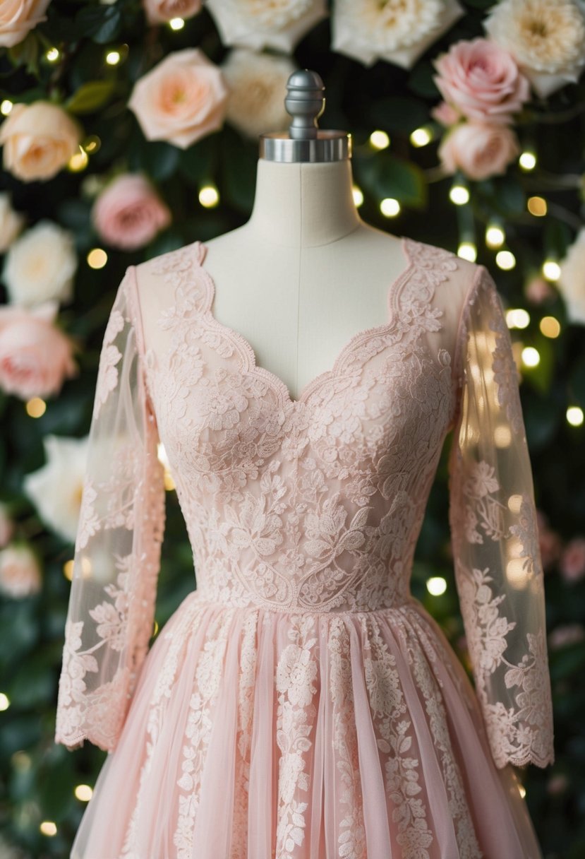 A delicate vintage lace dress in petal pink, adorned with intricate floral patterns, set against a romantic backdrop of blooming roses and twinkling fairy lights