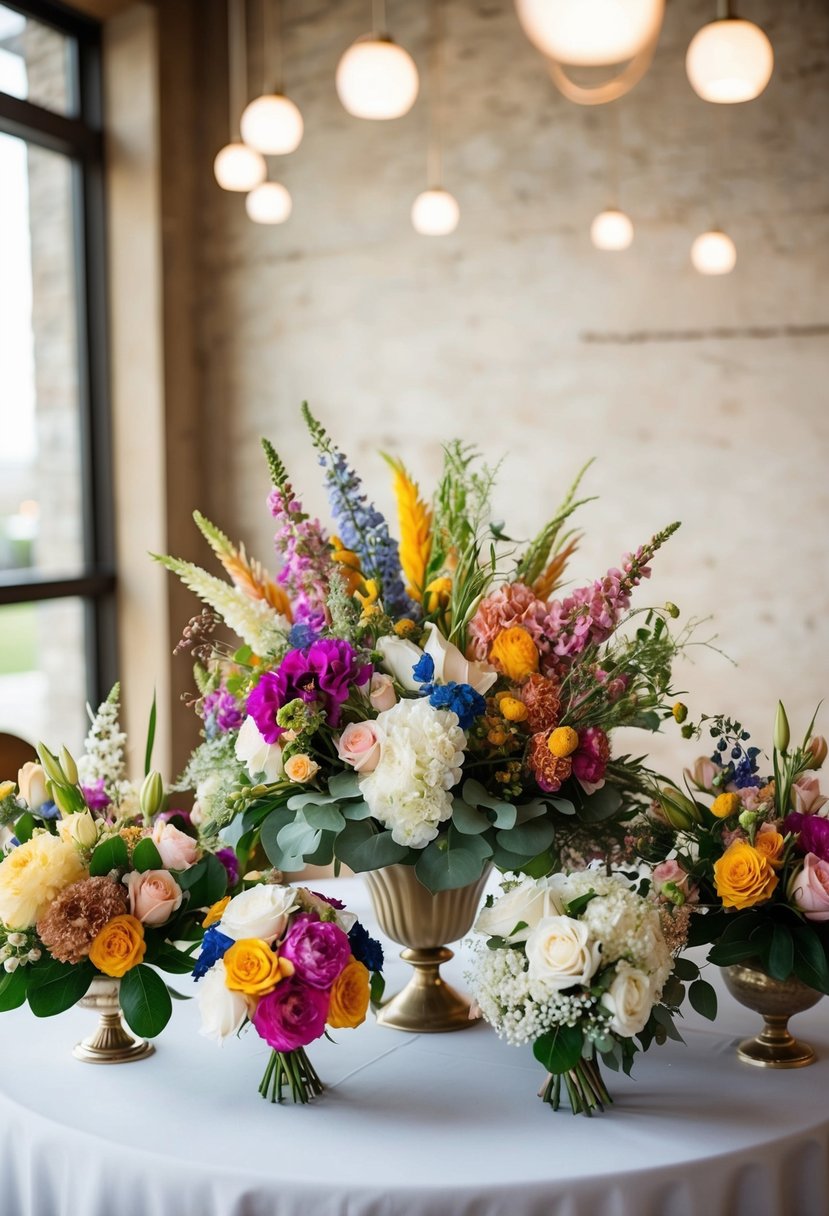 A table adorned with various silk flowers in different colors and styles, arranged in a stunning and unique wedding bouquet display