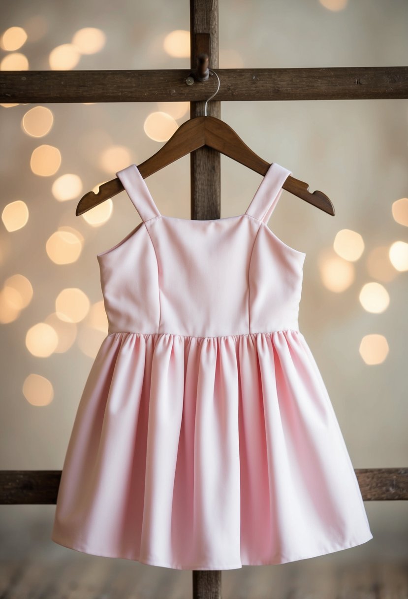 A powder pink dress with bardot sleeves hangs on a rustic wooden hanger against a soft, dreamy background