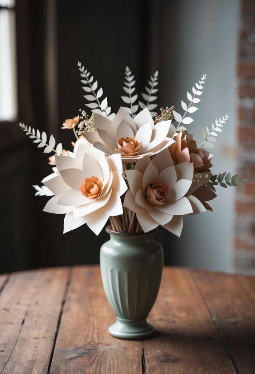 A delicate paper flower bouquet arranged in a vintage vase on a rustic wooden table