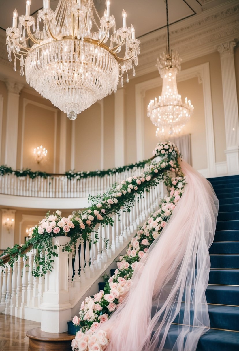 A grand ballroom with a crystal chandelier, soft pink roses, and flowing tulle fabric cascading down a staircase