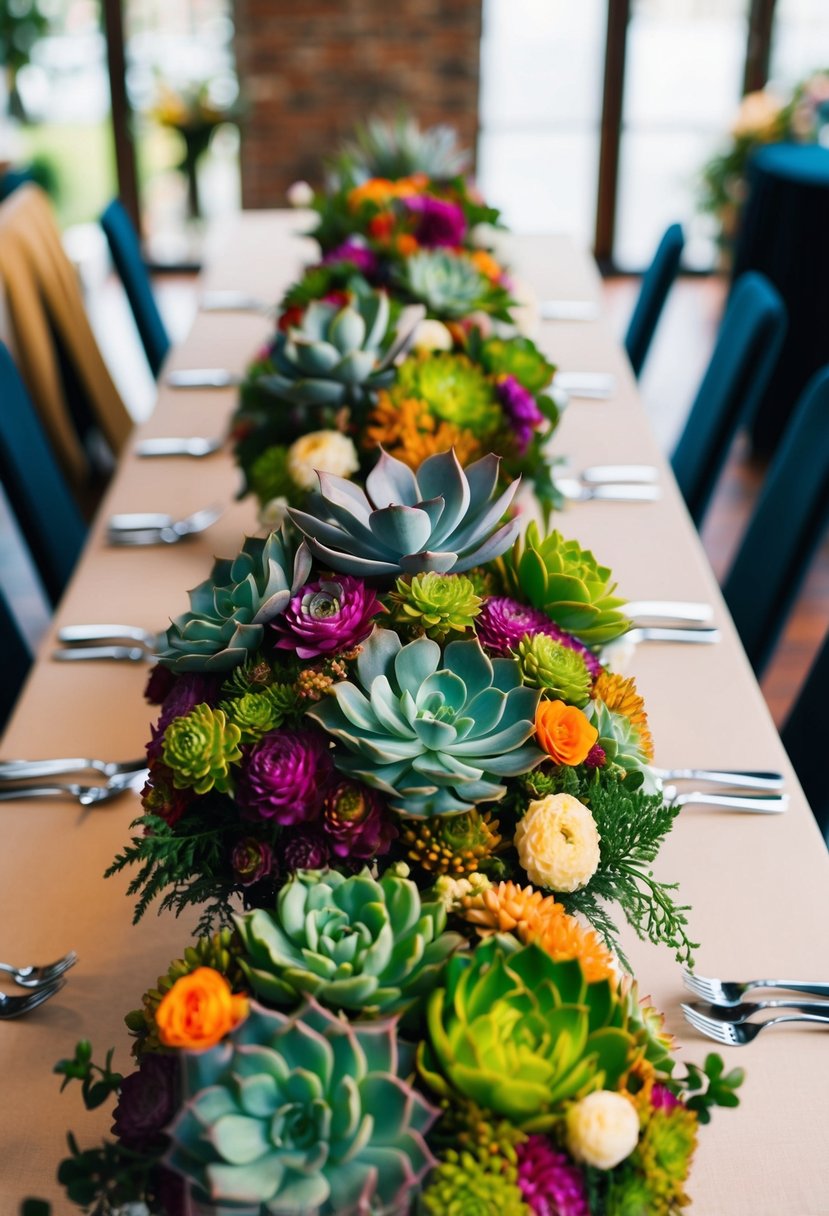 A table adorned with a variety of vibrant succulent mix bouquets, showcasing unique wedding bouquet ideas