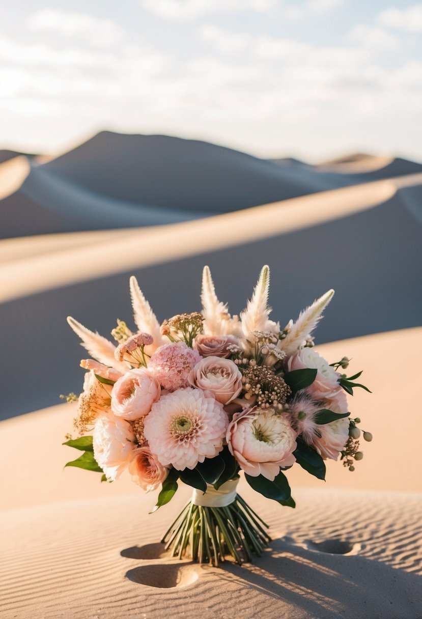 A desert landscape with blush and gold flowers in a glamorous bouquet arrangement. Sand dunes and a warm, sunny sky in the background