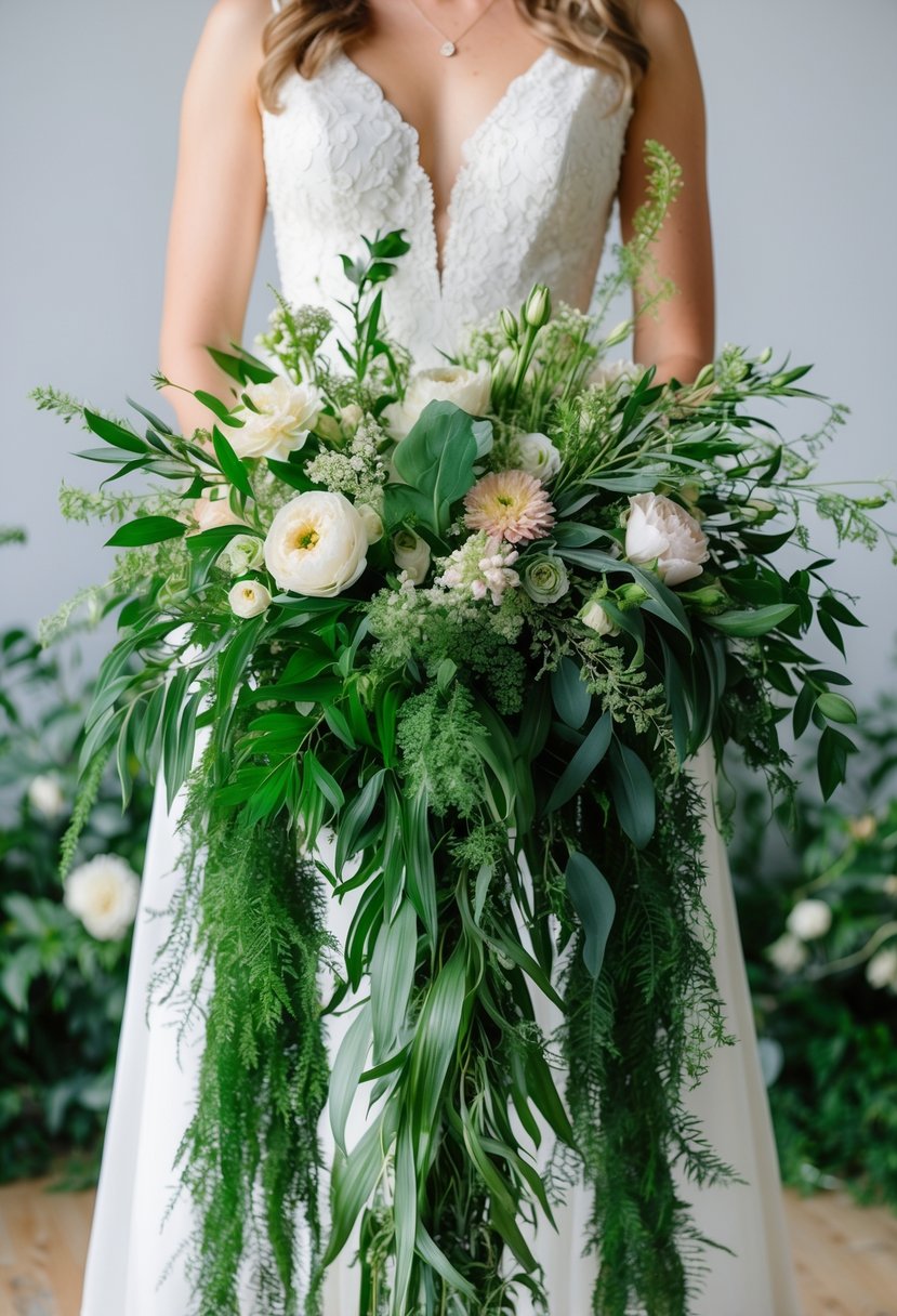 Lush greenery cascading from a bouquet, intertwined with delicate flowers and foliage, creating a unique and beautiful wedding centerpiece