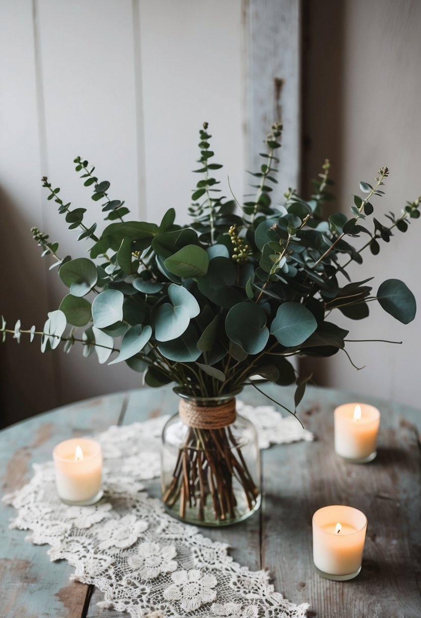 A rustic eucalyptus bouquet sits on a weathered wooden table, surrounded by soft candlelight and vintage lace