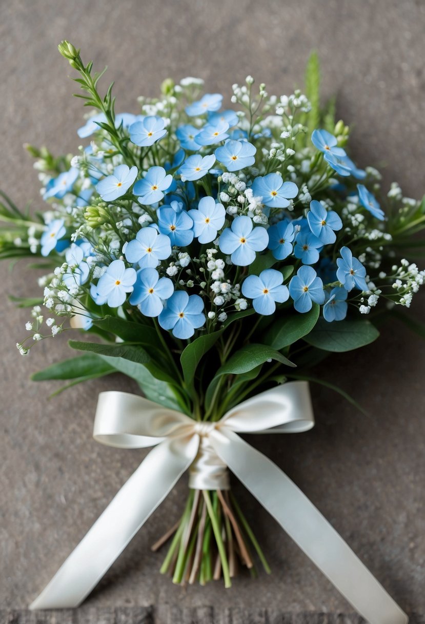 A delicate bouquet of forget-me-nots, interspersed with baby's breath and greenery, tied with a satin ribbon