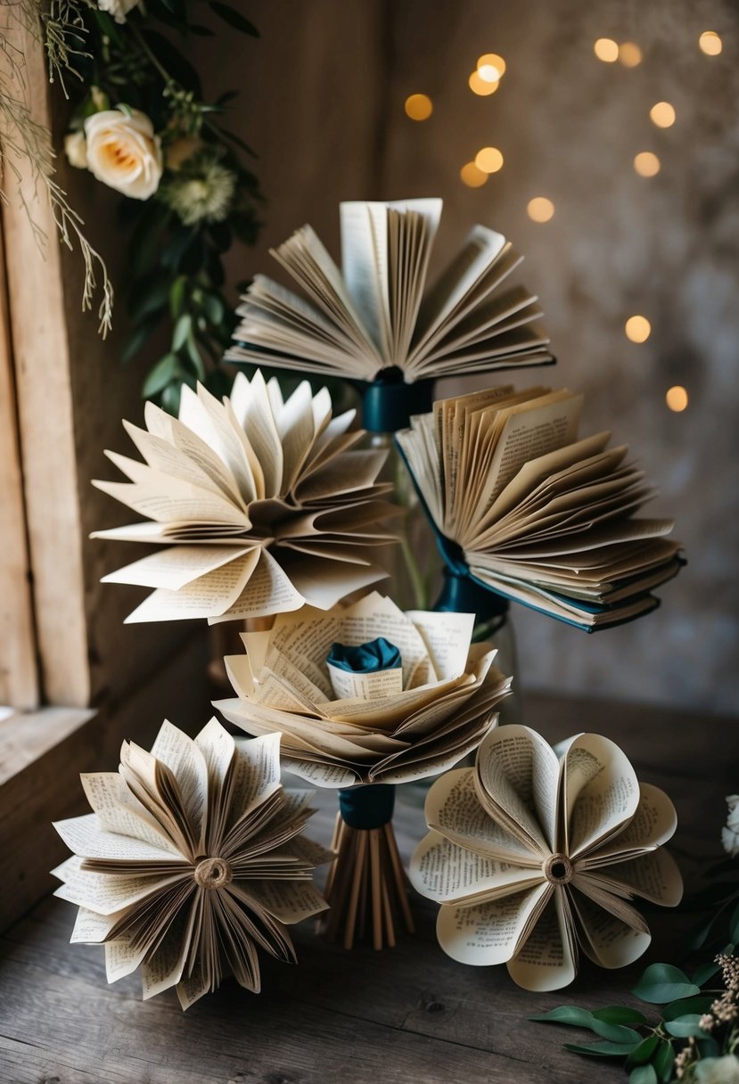 A collection of vintage book paper bouquets arranged in a rustic setting, with soft lighting and natural elements