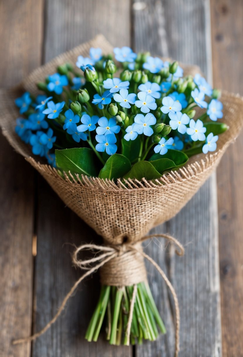 A rustic bouquet of forget-me-nots tied with burlap and twine