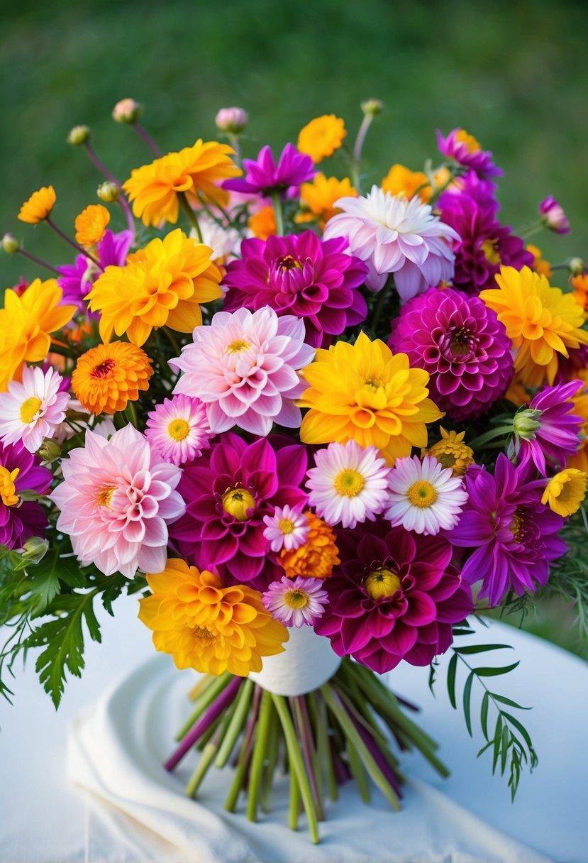 A colorful array of dahlias and cosmos arranged in a stunning wedding bouquet