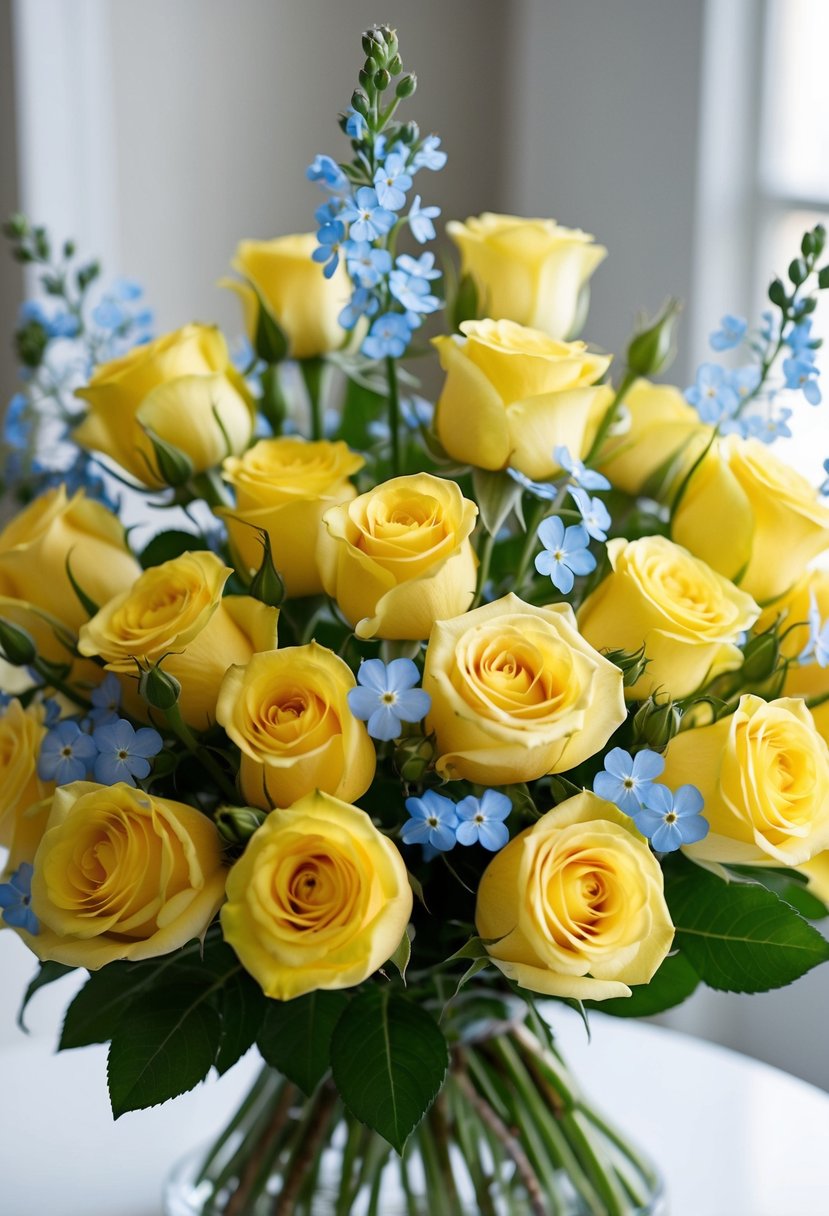 A bouquet of yellow roses and forget-me-nots, arranged in a delicate and elegant manner