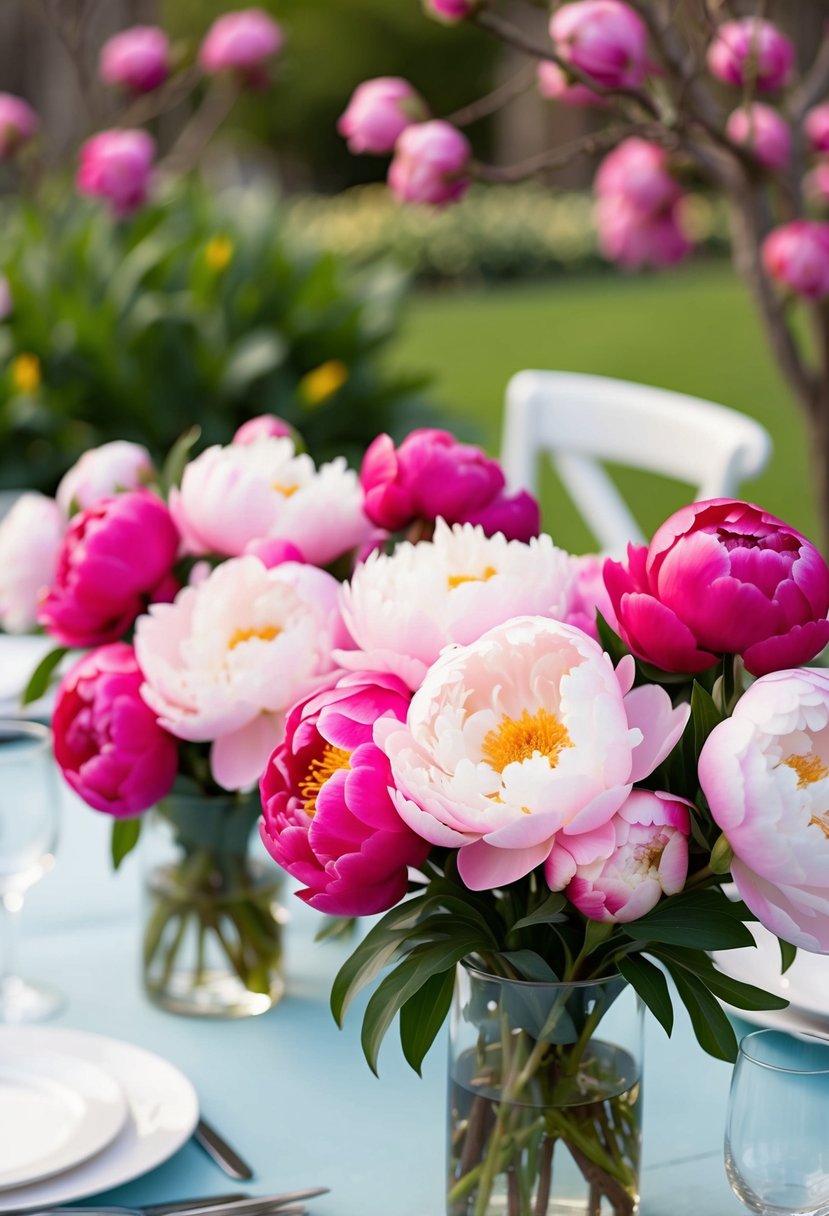 A table adorned with vibrant peony bouquets in a spring garden setting