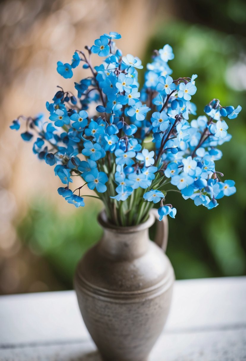 A delicate bouquet of silk blue forget-me-nots arranged in a rustic vase