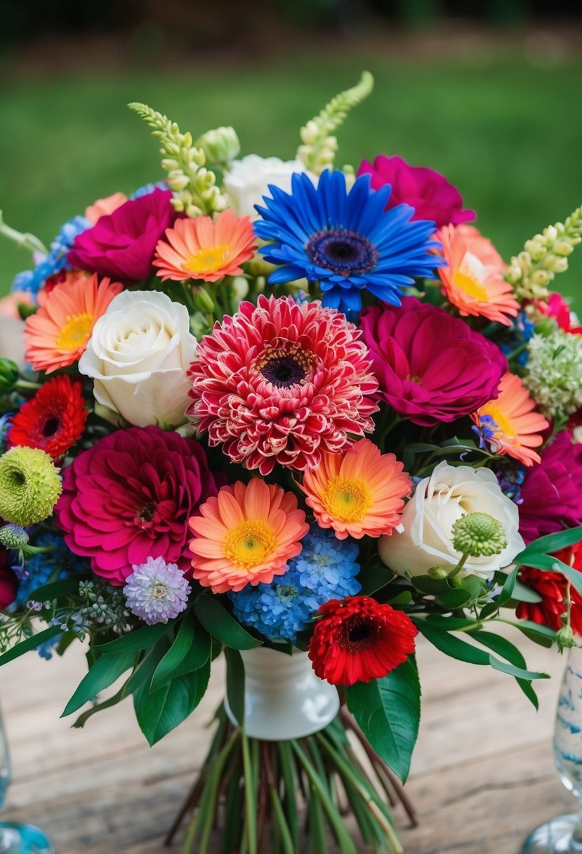 A colorful array of flowers arranged in a decorative wedding bouquet