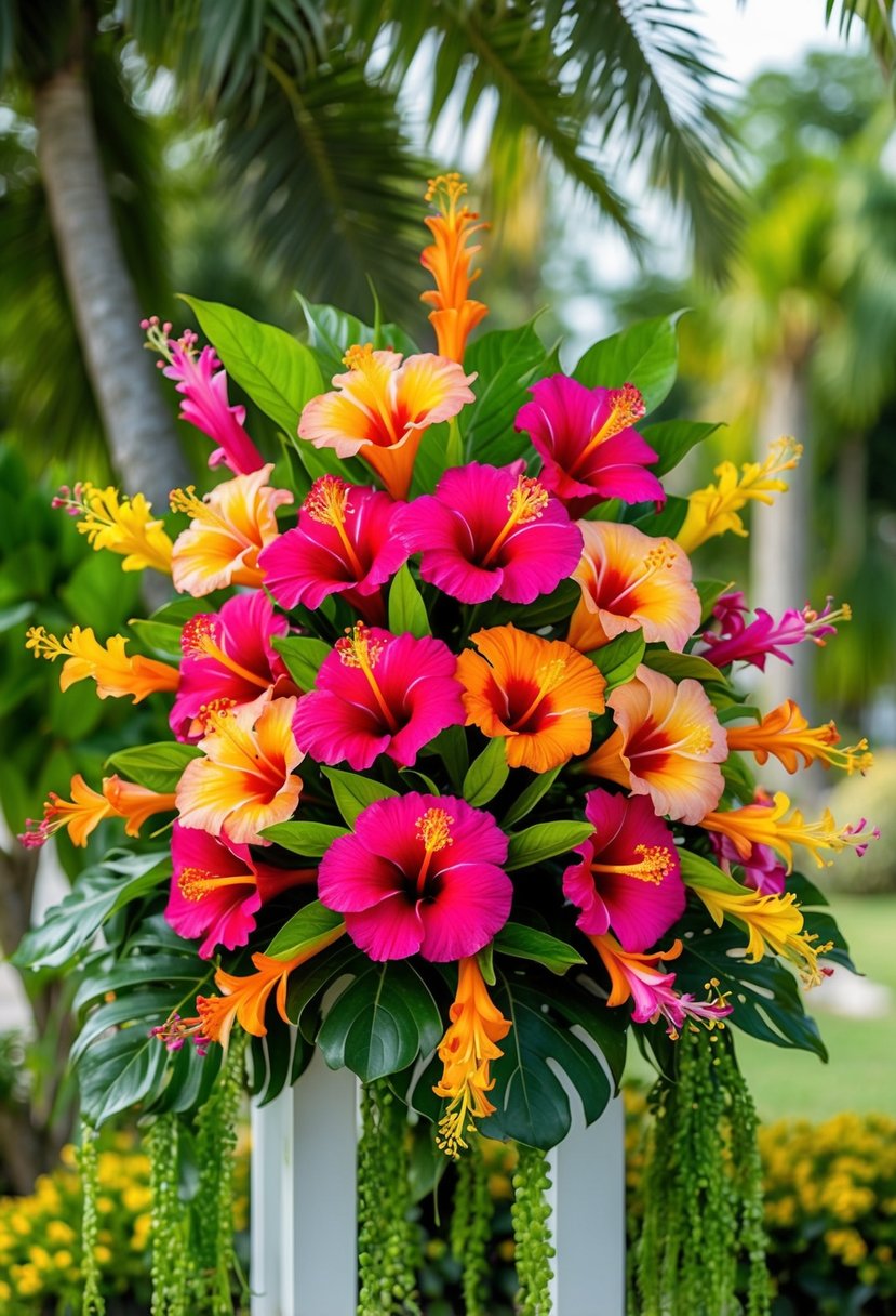 A vibrant bouquet of tropical hibiscus flowers arranged in a cascading style, with lush greenery and colorful blooms