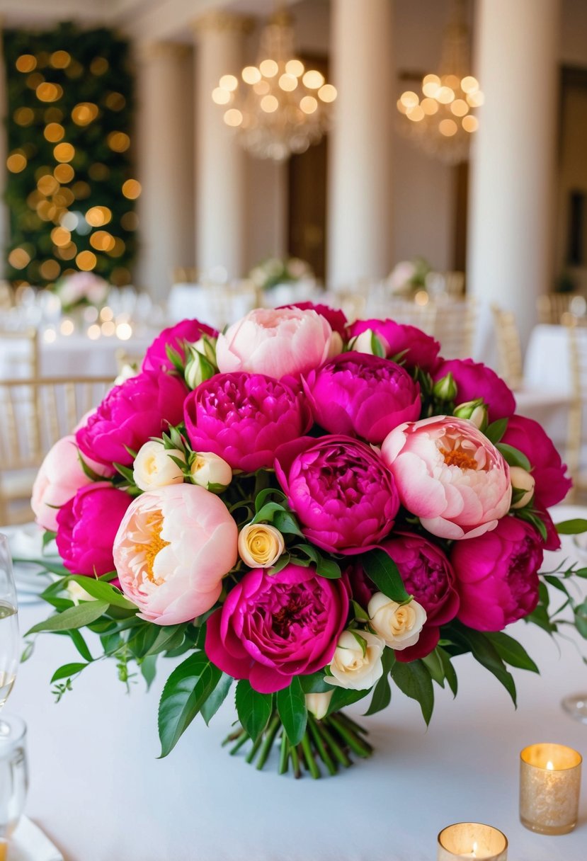 A lush bouquet of vibrant roses and peonies arranged in an elegant kala wedding setting