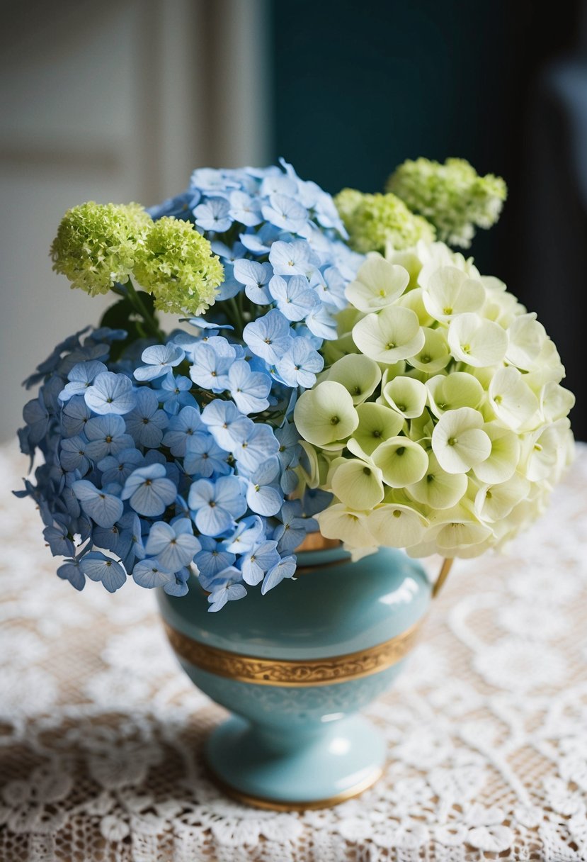 A delicate bouquet of forget-me-nots and hydrangeas in a vintage vase on a lace-covered table